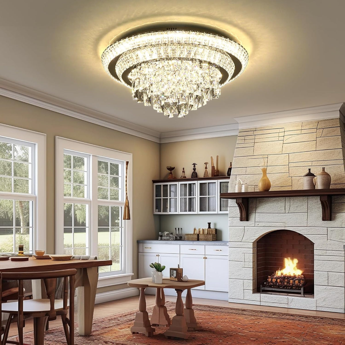 24 inch Crystal Silver Ceiling-Light Flush Mount with Remote Control and APP, 3CCT Dimmable & Brightness Adjustable, Modern Crystal Raindrop Chandeliers for Bedroom Hallway Dinning Room Living Room