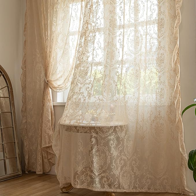 Deeprove Beige Lace Boho Sheer Curtains Cottage 2 Panels - Image 9