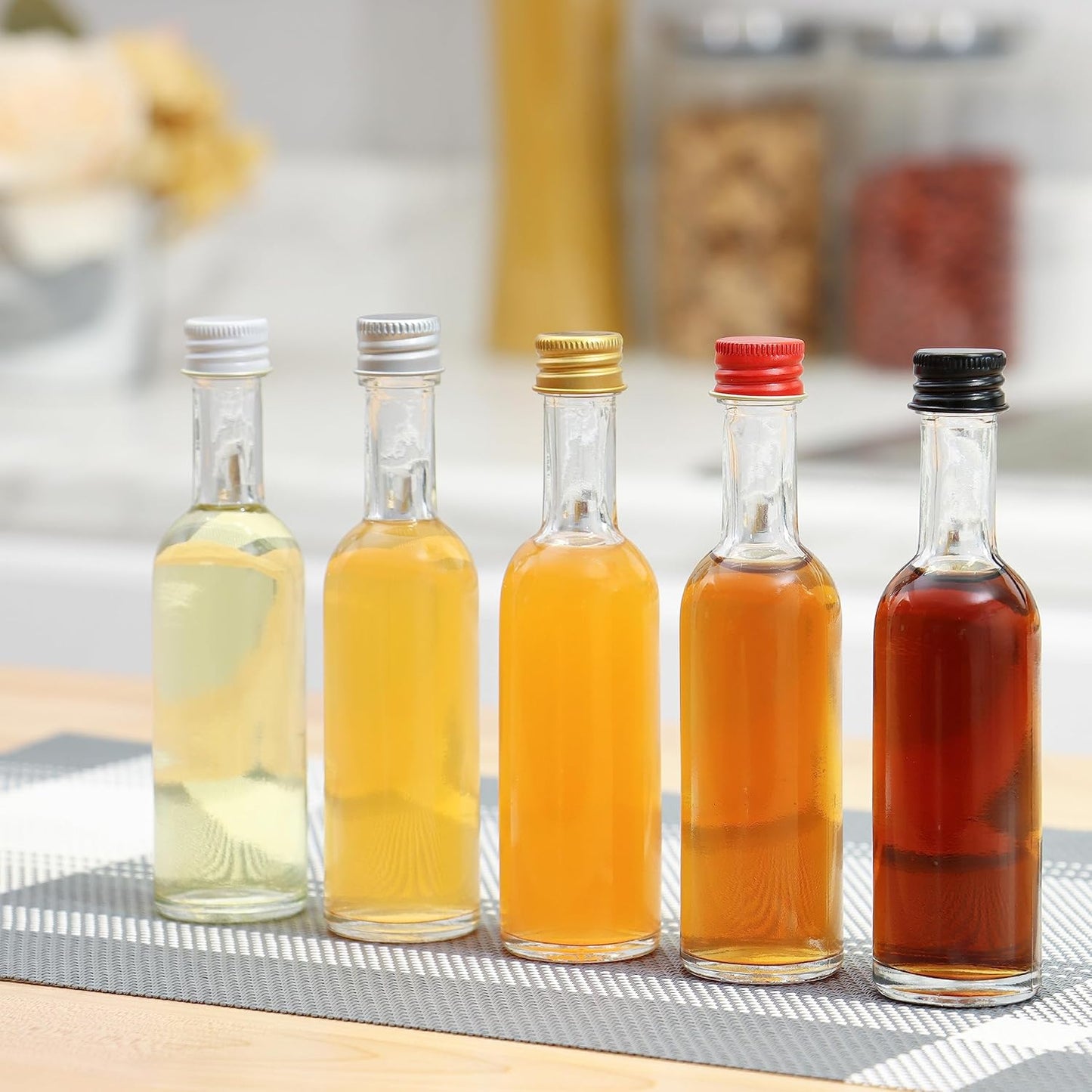 50 ml (1.7oz) 24 Pack, Mini Small Glass Bottles With Leak Proof Air Tight Gold Caps, Aluminum Lids, For Liquor Wine Alcohol Ginger Shots SamplesTequila