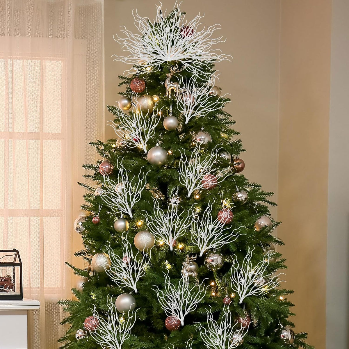 8 Pcs White Coastal Ornaments for Christmas Tree 15.7inch Glitter Coral Beach Ocean Spray Pick Branch Christmas Tree Topper Decorations Filler Twigs for Xmas Vase Wreaths Gift
