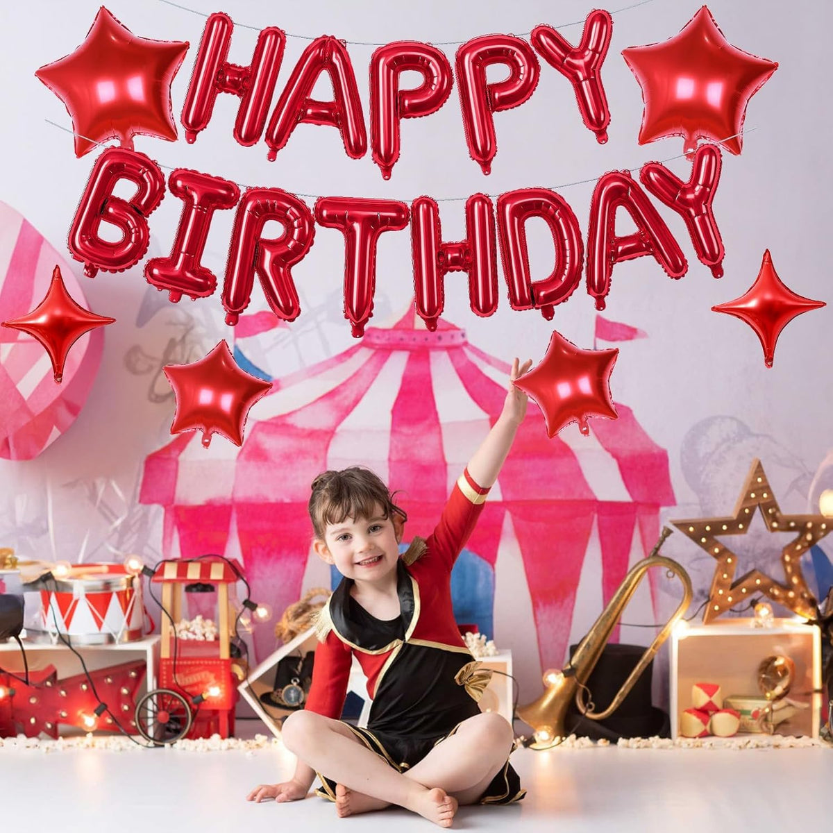 Red Happy Birthday Balloon Banner, 16 Inch Mylar Foil Letter Balloons, Reusable Birthday Decorations with Red Star Foil Balloons, Inflatable Party Supplies for Women Girls Decorations