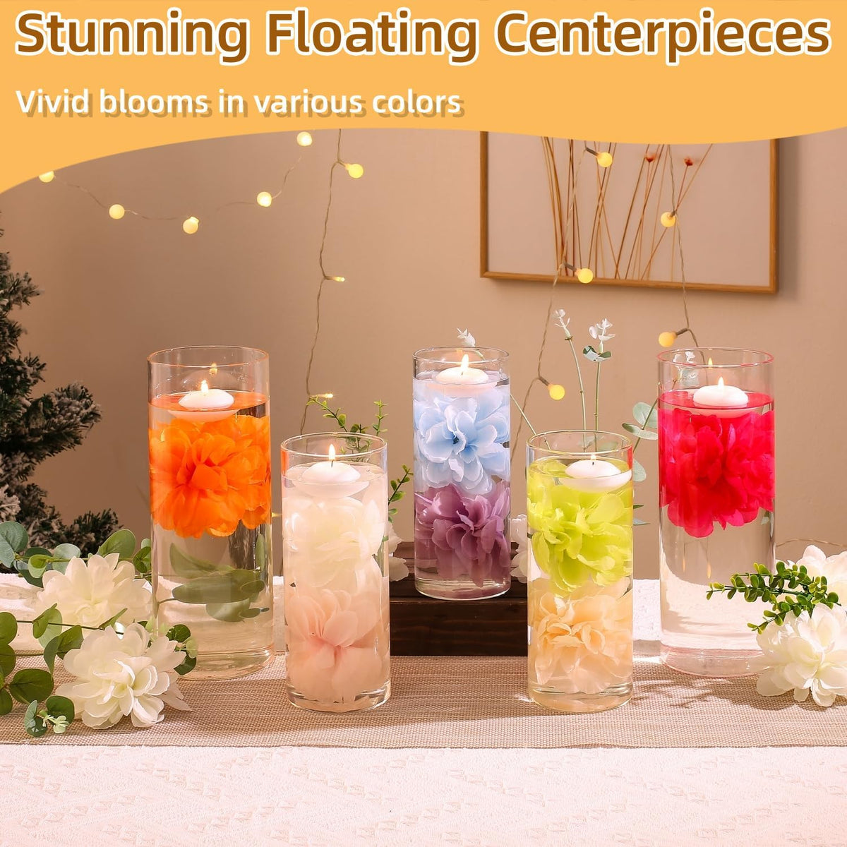 24 Pcs Floating Candles for Centerpieces and Floating Flowers Artificial Flowers Head Vase Filler for Party Home Table Wedding Centerpieces Decoration (Rosered)