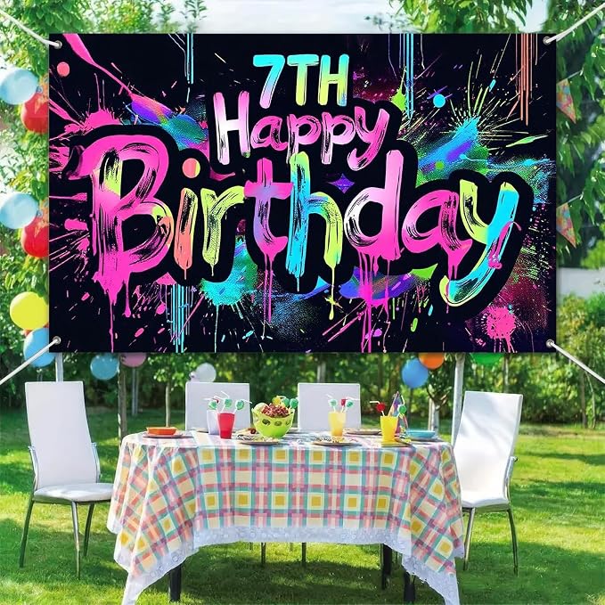 HOMETITUTE Happy 7th Birthday Decorations Banner 71x43 Inch | Neon Birthday - Image 6