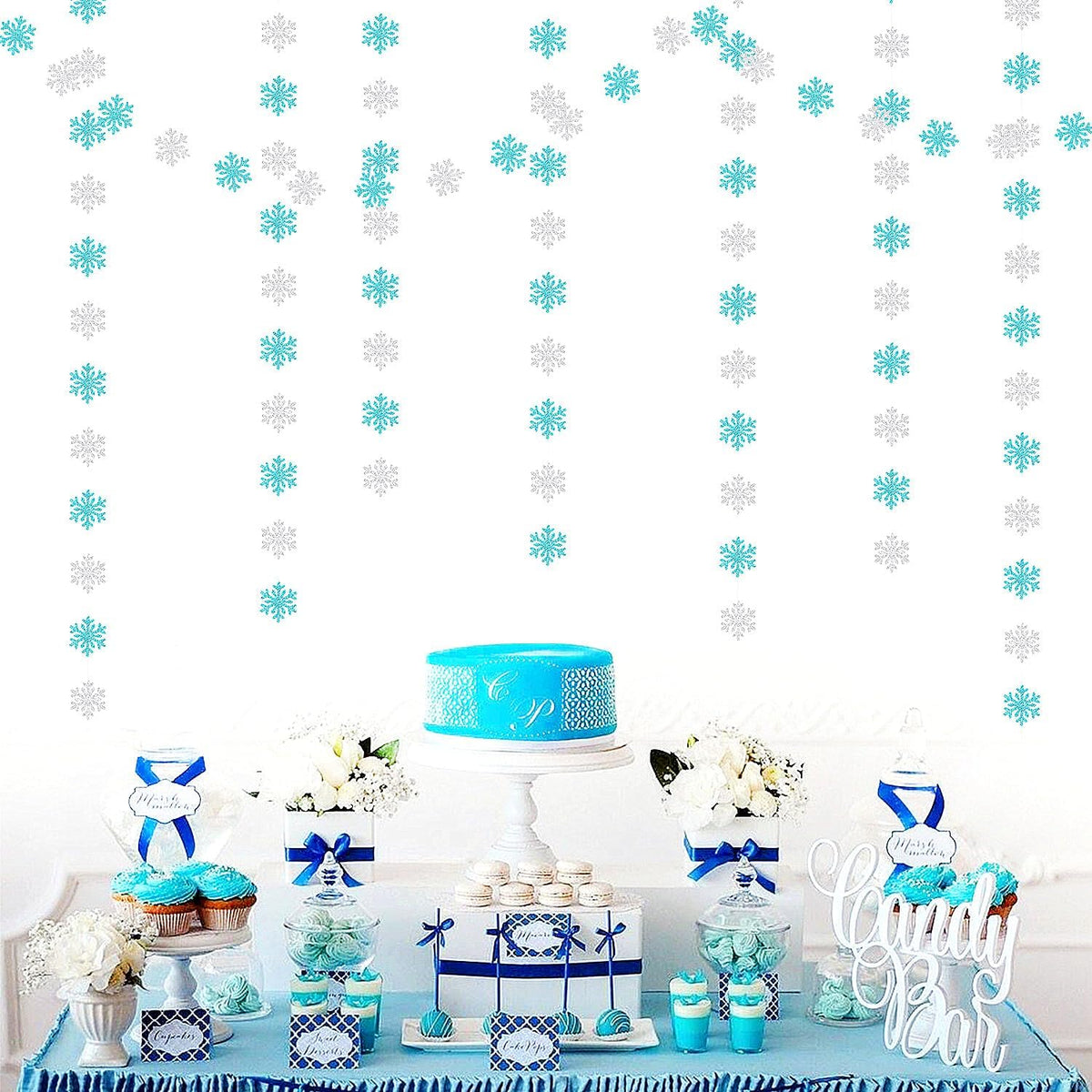 Snowflake-Snow Teal-Silver Christmas Party-Decoration Garland - 52ft Turquoise Winter Wonderland Frozen Ornaments Hanging Paper Streamers,New Years Birthday Baby Shower Wedding Ceiling Decor Hugfond