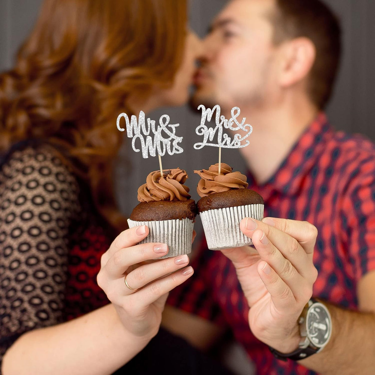 Gyufise 36Pcs Silver Glitter Mr & Mrs Cupcake Toppers Love Cake Decoration Picks for Wedding & Bridal Shower Party Supplies