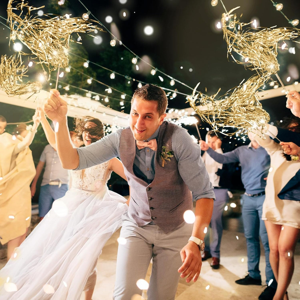 100 Pcs Lighted Wedding Wands LED Tinsel Wands Light up Streamers Sparklers for Wedding Send Off and Exits Birthday Party Props Favors(Champagne)