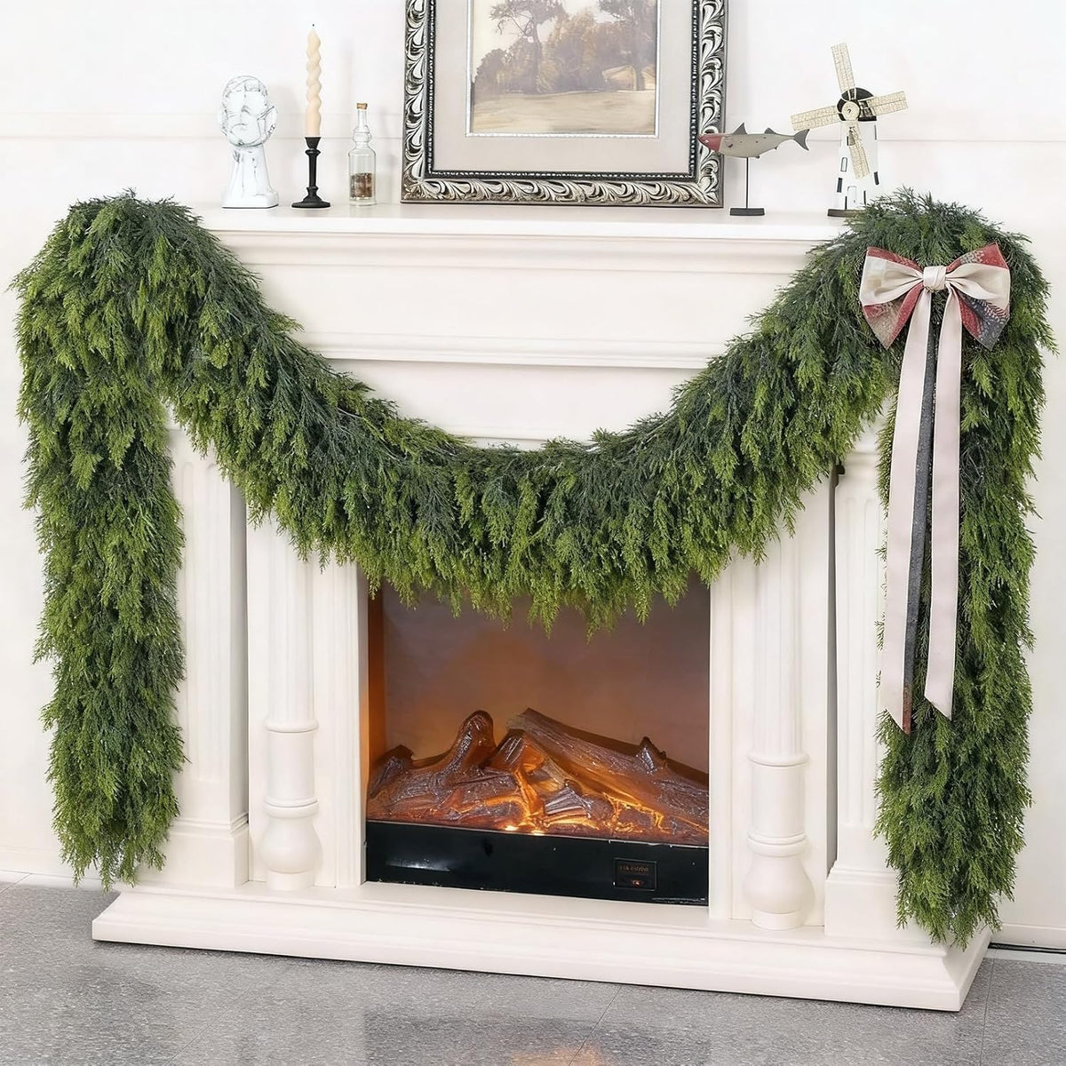 16FT Real Touch Cedar Garland - Artificial Christmas Garland Fake Green Faux Thick and Lush Pine Needles Garlands for Table Fireplace Mantle Holiday Home Indoor Outdoor Decor (1PCS)
