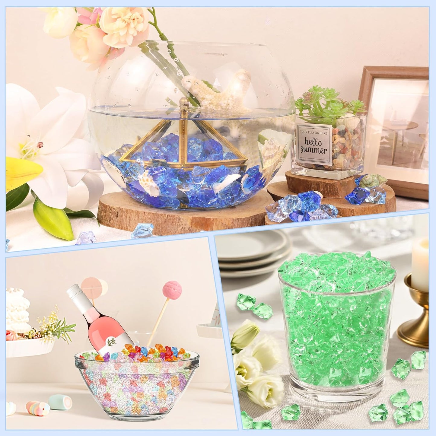 LAIDANLA 500PCS Dark Green Acrylic Gems Vase Fillers Green Fake Ice Cubes Plastic Diamonds Fake Crushed Rocks for Centerpiece DIY Party Table Scatter Prop Wedding Decoration Accessories