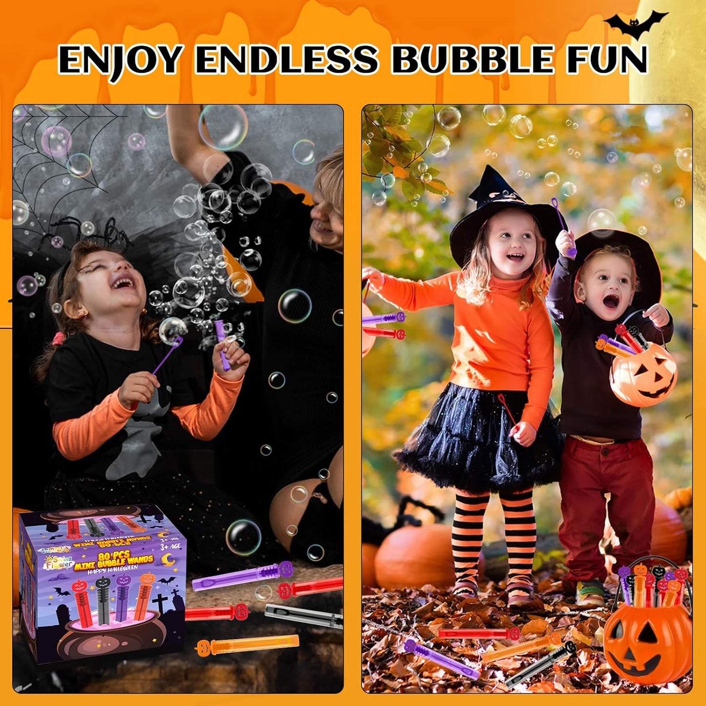 SpringFlower 80 PCS Halloween Party Favor For Kids, Halloween Mini Bubble Wands Halloween Gifts For Trick Or Treating, School Classroom Rewards, Goodie Bag Fillers