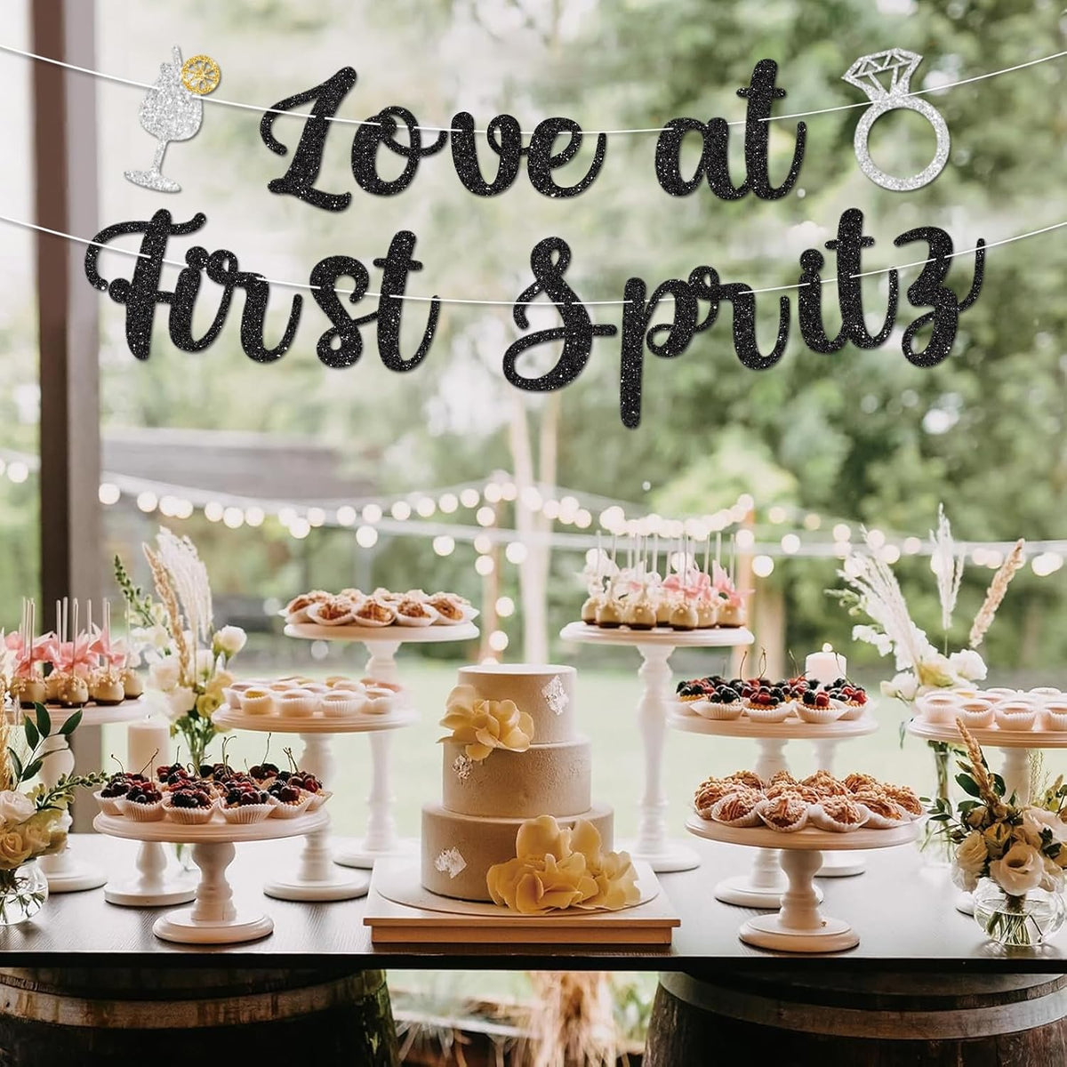 Love At First Spritz Wedding Banner - Bridal Shower Decorations, No Diy, Glitter Just Engaged Spritz Party Banners for Wedding/Engagement/Bachelorette Party Decorations Supplies, Black.