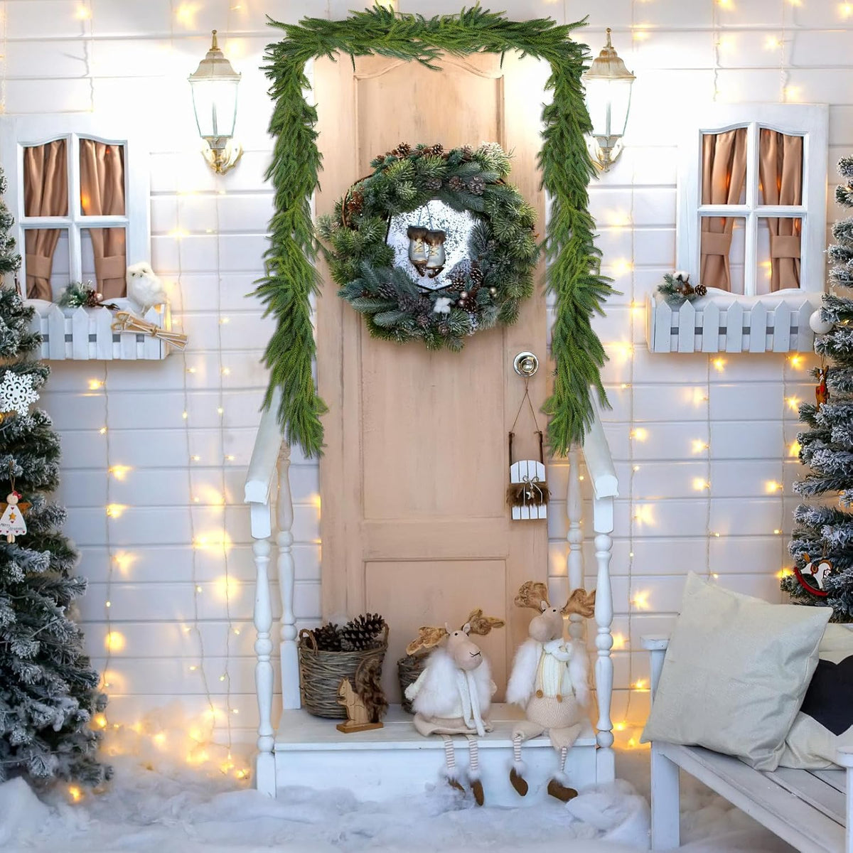 2 Pcs Artificial Norfolk Pine Garlands Christmas, 9 FT Dense Real Touch Winter Pine Garland Ornament, Green Artificial Greenery Garland for Table, Mantle, Wall, Indoor, Outdoor Christmas Decorations