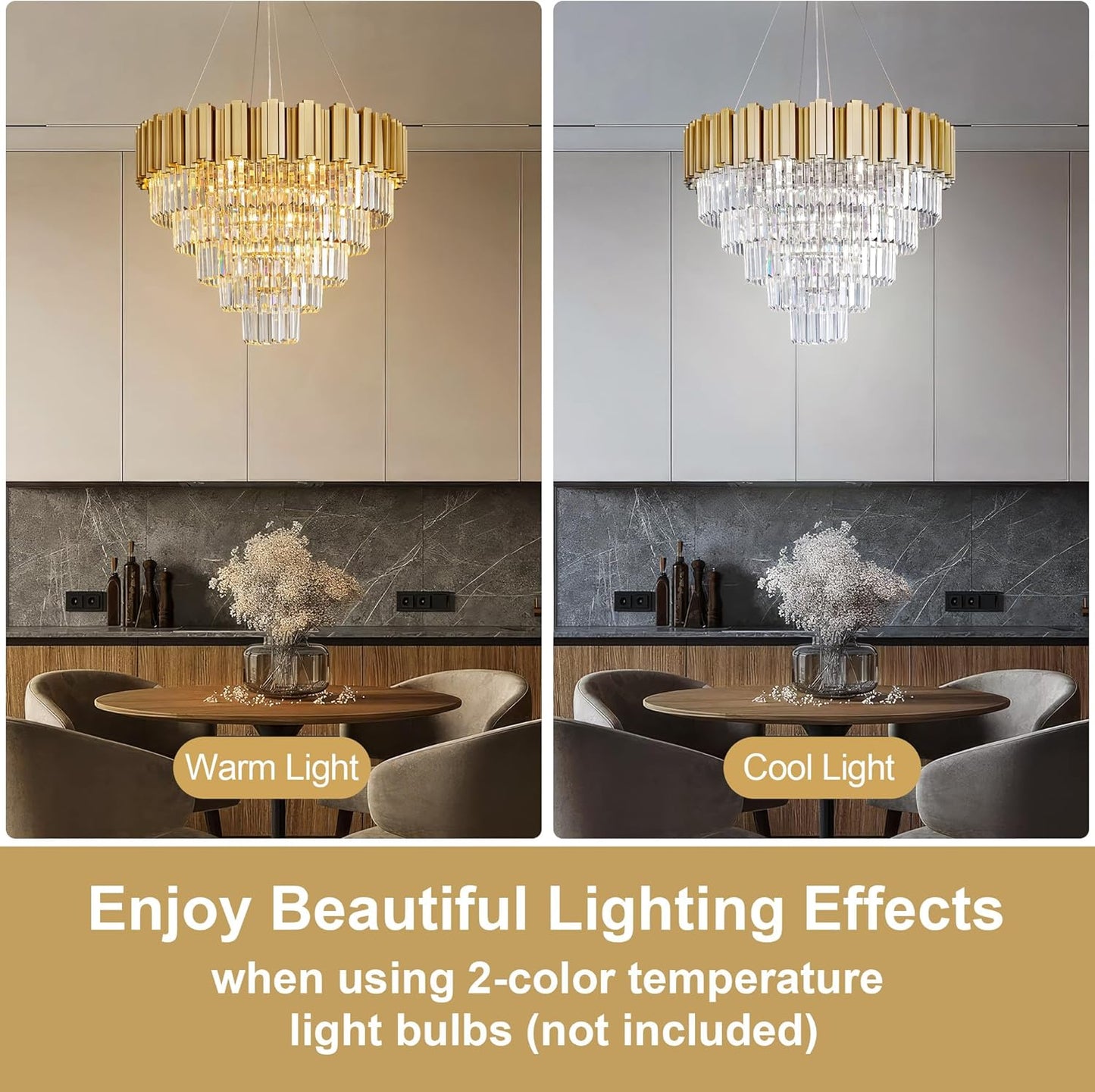 Modern Crystal Chandelier, 27.5" Gold Chandelier for Dining Room, 9-Light Luxury Round Chandeliers, 5-Tier Contemporary Light Fixture for Living Room, Bedroom, Foyer, Entryway