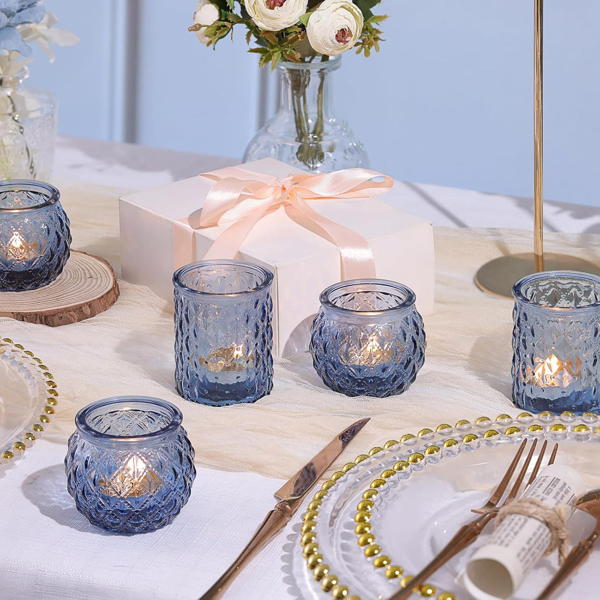 36pcs Assorted Blue Votive Candle Holders, Blue Candle Holders for Wedding Table Decor, Tea Lights Candle Holder for Table Centerpiece, Bridal Shower, Baby Shower Decorations