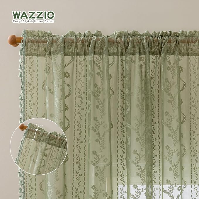 WAZZIO Boho Lace Curtains 2 Panels 72 Inch -Vintage Victorian Sheer Panel Drape - Image 7