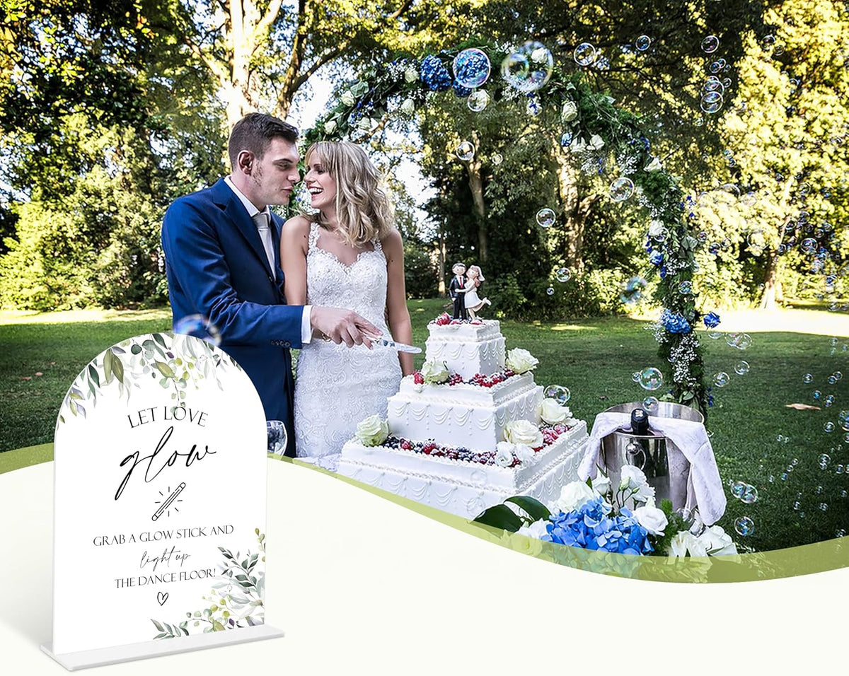 Greenery Let Love Glow Sign, 6 x 8 Inch White Arch Acrylic Wedding Sign with Holder, Wedding Sign for Ceremony and Reception, Wedding Decoration, Wedding Supplies - LY13