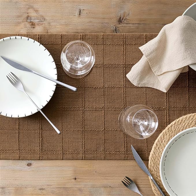 Linen Checked Farmhouse Table Runner, 13x72 Inches Roasted Brown | Raised Grid - Image 7