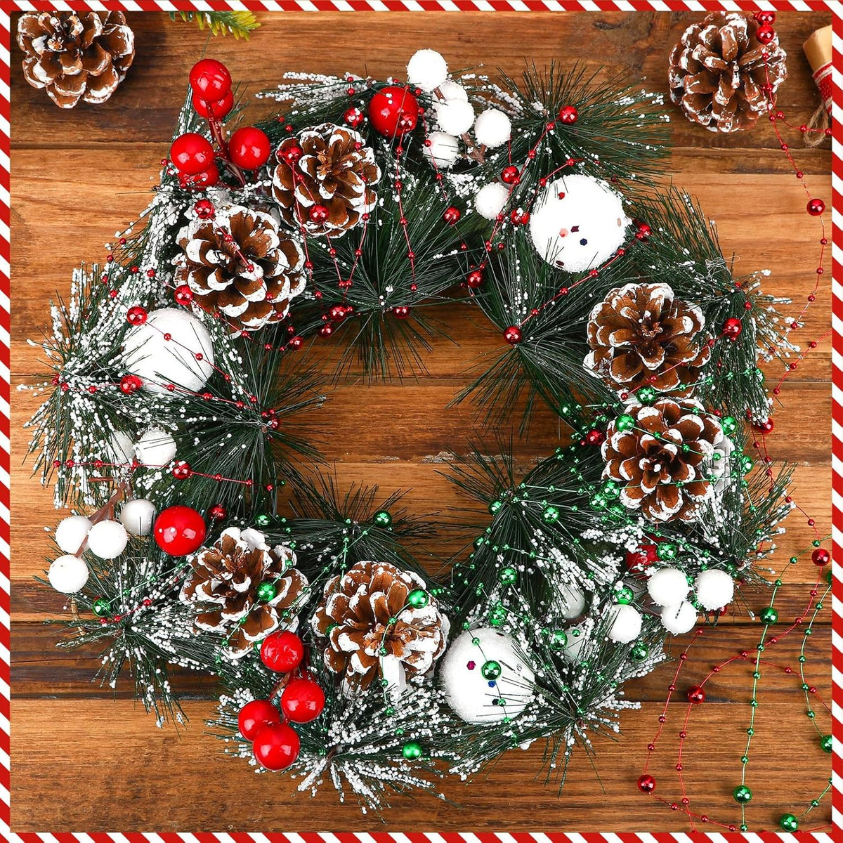 JULBEAR Beads Garland Decoration, 1Rolls 131Feet Red Christmas Pearl Strands Chain Bead Garland for Christmas Tree Fireplace Wreath Gift Bouquet Crafts Wrapping Wedding Party Centerpieces Decoration