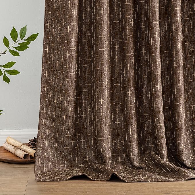 MIULEE Patterned Farmhouse Linen Curtains, Back Tab, Dark Coffee | Linen - Image 6