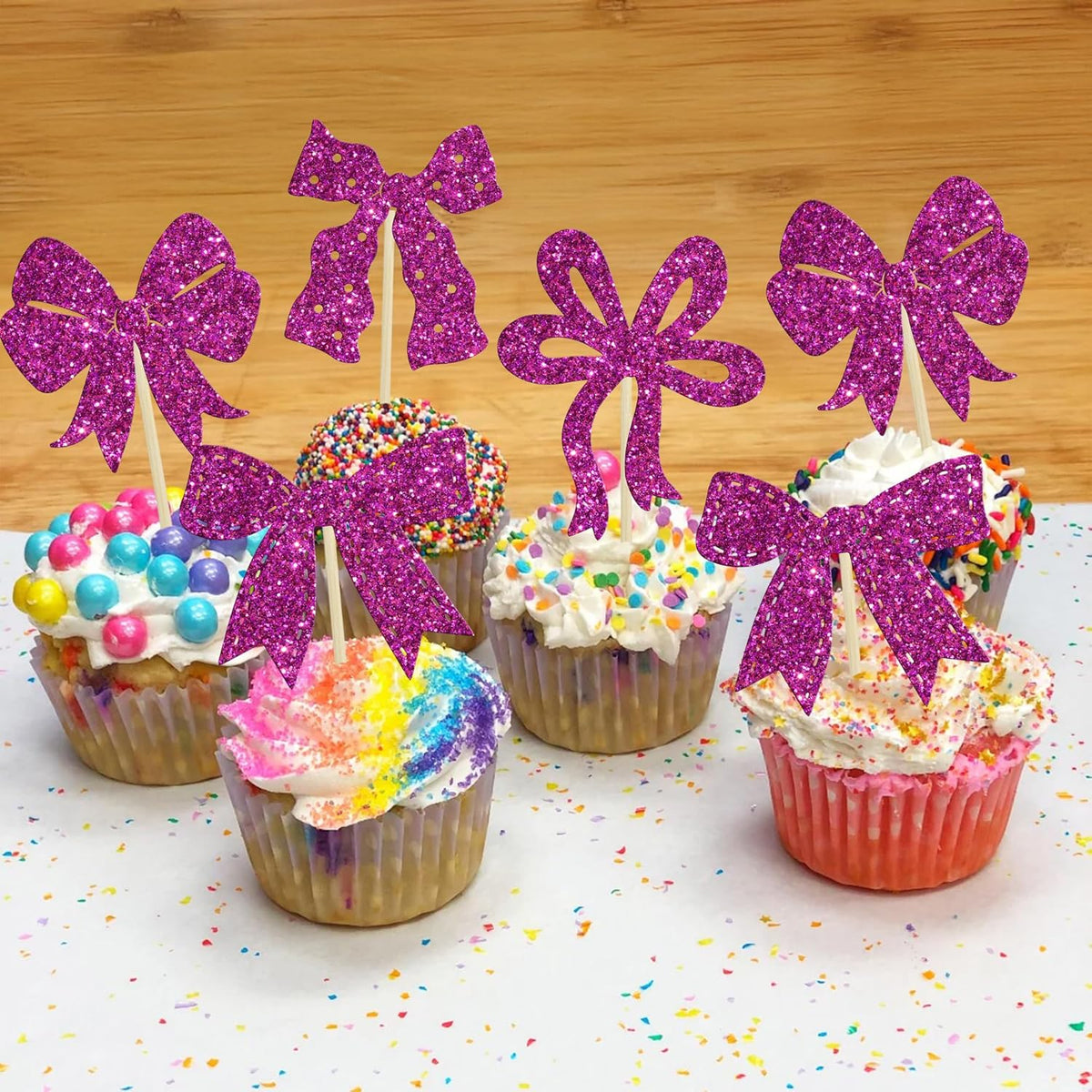 Ephlyn 24Pcs Bow Cupcake Toppers Bow Birthday Cake Topper Girls Birthday Party Decorations Bowknot Cupcake Decorations for Bridal Baby Shower Birthday Wedding Themed Party Purple