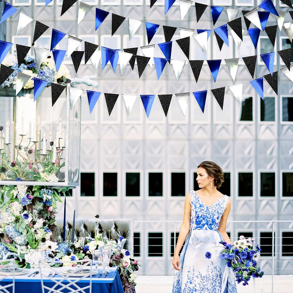 30Ft Navy Blue Black and Silver Party Decorations Royal Blue Triangle Flag Pennant Banner Bunting for Graduation Birthday Wedding Bridal Shower Nautical Ahoy Achor Theme Party Decorations Supplies