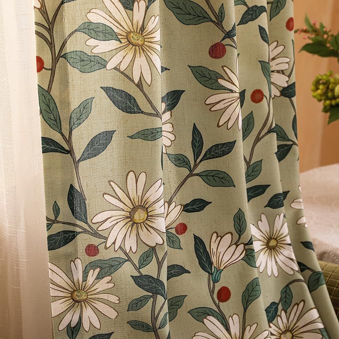 Designer French Green Linen Printed Curtain, 2 Panels, Floral Pattern Home - Image 9