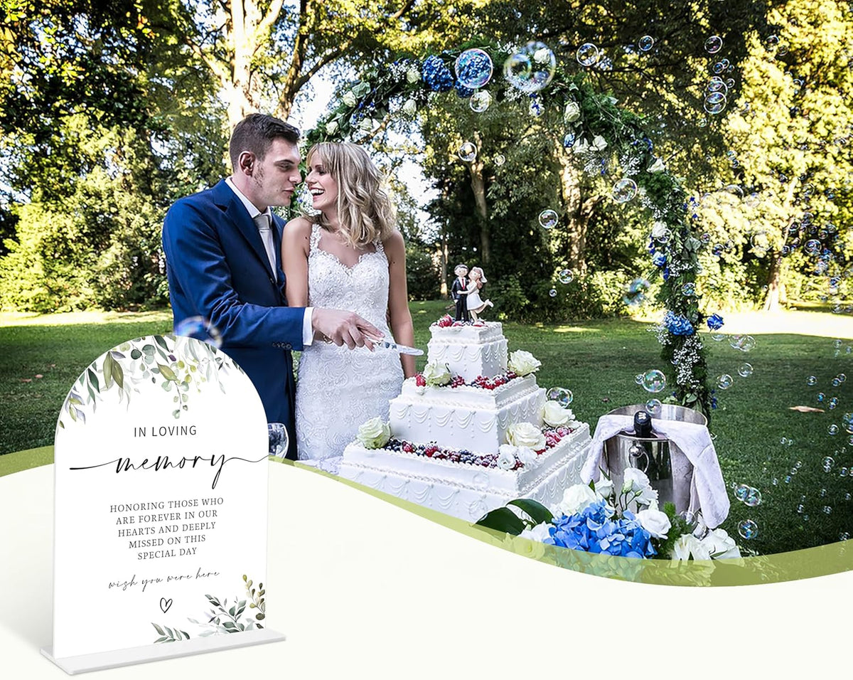 Greenery In Loving Memory Sign, 6 x 8 Inch White Arch Acrylic Wedding Sign with Holder, Wedding Sign for Ceremony and Reception, Wedding Decoration, Wedding Supplies - LY05