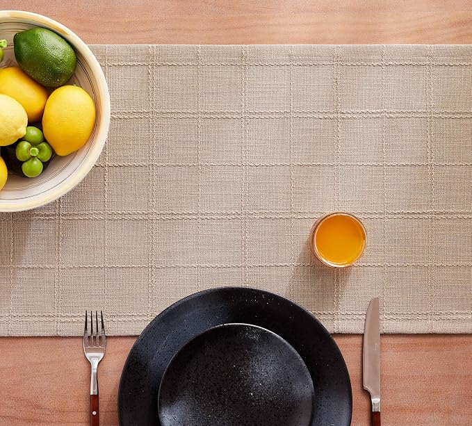 Linen Checked Farmhouse Table Runner, 13x36 Inches Taupe | Raised Grid Design - Image 7