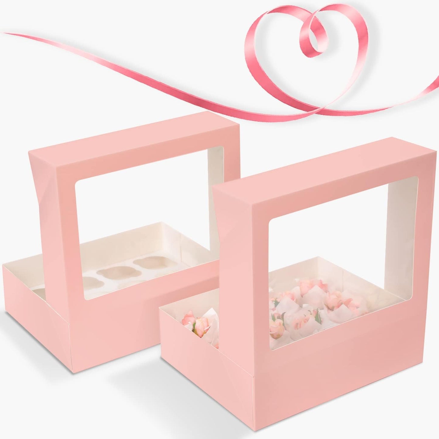 12 Cupcake Containers 20-Packs Pink Cupcake Box Cupcakes Carrier, 12 Cupcake Boxes with Window 13"x10"x3.5"（Auto-pop up）