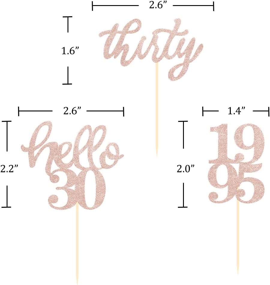 24 Pcs Rose Gold Glitter 30th Birthday Cupcake Toppers for 30th Anniversary Birthday Party Wedding Party Decorations