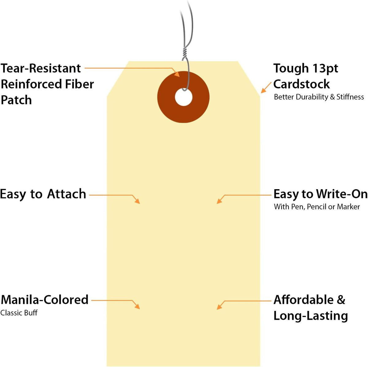SmartSign Blank Manila Shipping Tags with Wire, Size-3, Pack of 1000, 13pt Thick Prewired Cardstock Tag, 3.75 x 1.875 inch Paper Hang Tags with Reinforced Fiber Patch