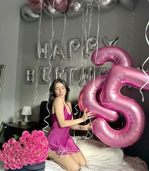 Pink 40 Inch Large Number 5 Birthday Balloon, Five 5th 15 25 35 50 55 Birthday Celebration Decorations, Foil 5 Mylar Helium Number 5 Balloons Girl Boy Anniversary Party Supplies