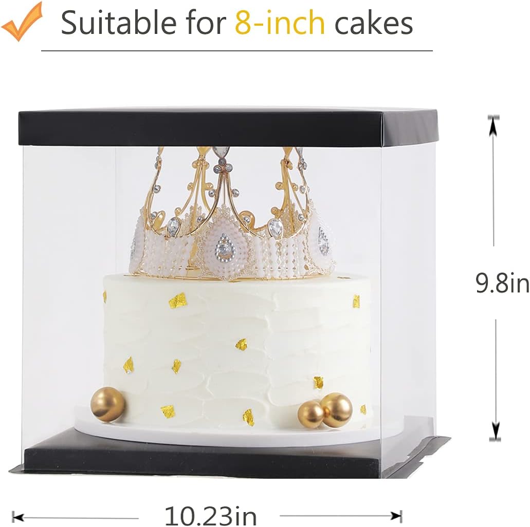XININSUN 2Pcs Large Cake PET Clear Box, 10" X 10" X 9" with ribbon and pre-folded lid, for 8" cake packing carry, baking cookie display, Carry Tall Layer Gift, Festive Gift Box -Black