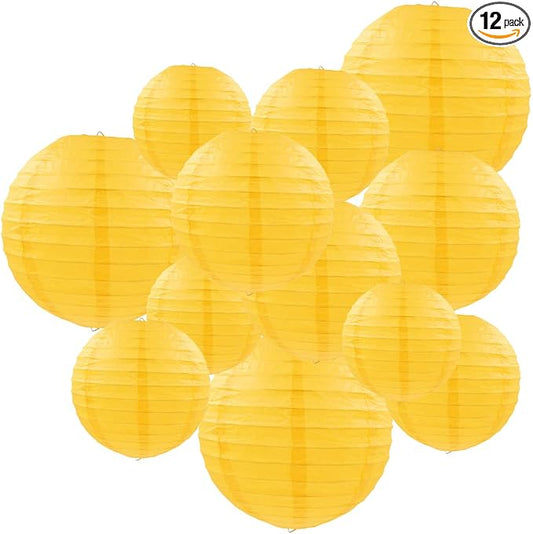 Yellow Paper Lanterns 12 Pcs Assorted Size of 6" 8" 10" 12" Chinese Round Paper by Famolay