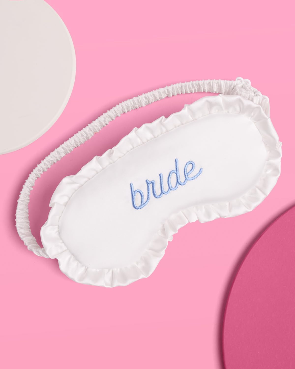 xo, Fetti Ruffled Bride Sleep Mask, White Satin + Blue Embroidery | Bachelorette Party Decorations, Bridal Shower Accessory, Bride to Be Party Favor, Bridesmaid Gift