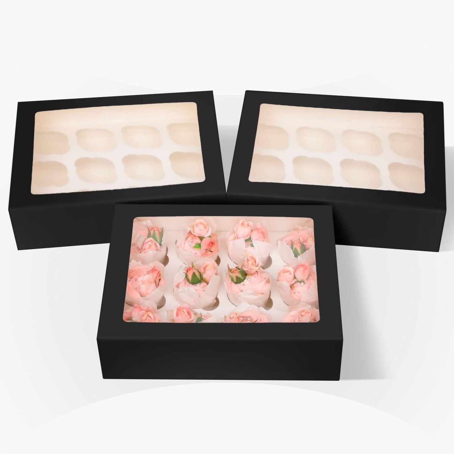 12 Cupcake Containers 10-Packs Black Cupcake Box Cupcakes Carrier, 12 Cupcake Boxes with Window 13"x10"x3.5"（Auto-pop up）