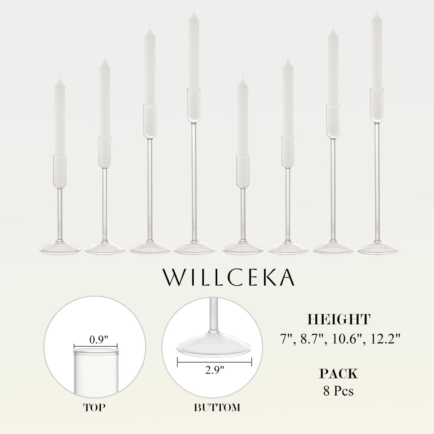 Candle Holder, Glass Taper Candle Tall Candlestick Holder, 4 Different Heights, for Table Centerpiece, Wedding, Party, Clear, 8pcs