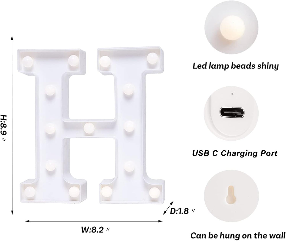 Foaky Rechargeable LED Letter Lights Sign Marquee Light Up Letters Sign for Night Light Wedding/Birthday Party Christmas Lamp Home Bar Decoration (H)