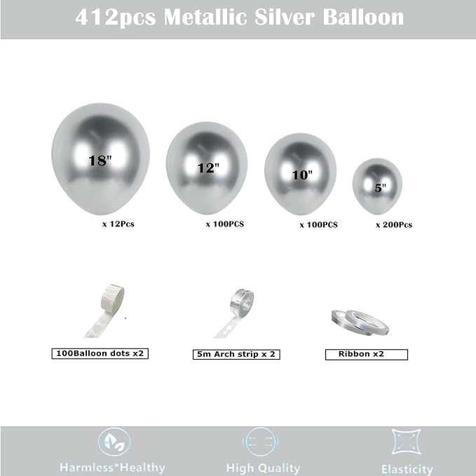 412pcs Metallic Silver Balloon Garland Arch Kit 18 12 10 5 Inch Different Sizes - Image 2