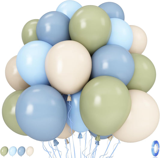 Sage Green and Blue Balloons, 35PCS Olive Green Dusty Blue Beige Cream Latex Balloon, Baby Boy Shower Balloons for Kids Rabbit Theme Baby Shower Birthday Boho Bridal Wedding Party Decorations Supplies