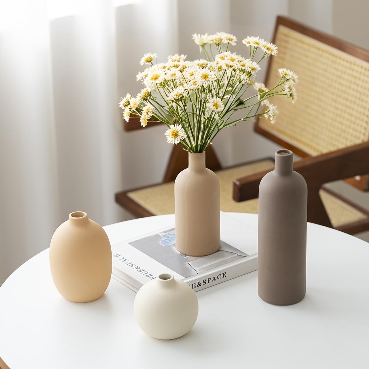 Modern Ceramic Vase Set, Neutral Colors, Decorative Vases for Home Shelf Decor, 4 Piece Collection (Coffee Mix Set 4)