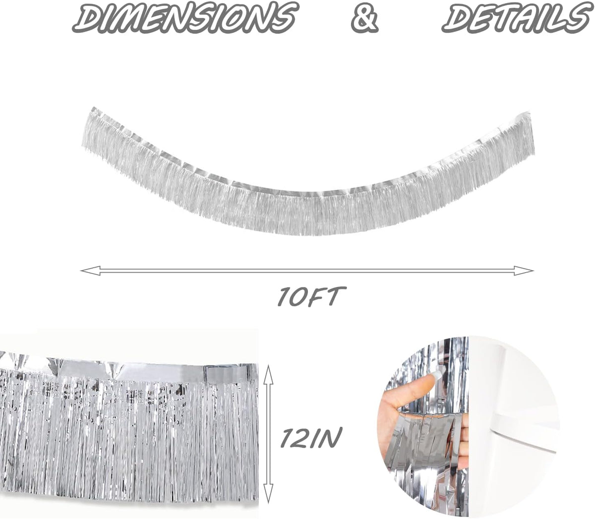 Silver Foil Fringe Garland 10FT 6packs, Metallic Foil Tinsel Fringe Banners for Parade Float Decorations Wedding, Birthday Party Graduation (six Silver)