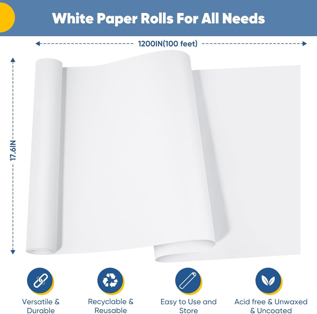 Drawing Paper Roll for Kids Art Supplies, 17.6"x1200" (100') Easel Craft Decorative Paper, White Eid Gift Wrapping Paper, Solid Color Poster Kraft Paper, Perfect for Valentine's Day, Wedding, Birthday