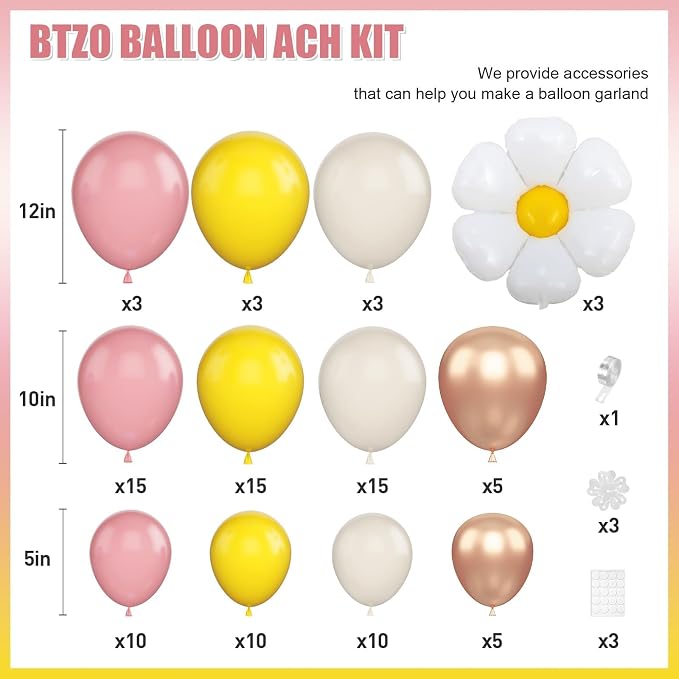 Daisy Balloon Garland Arch Kit, Retro Yellow Pink White Gold Hippie Boho - Image 2