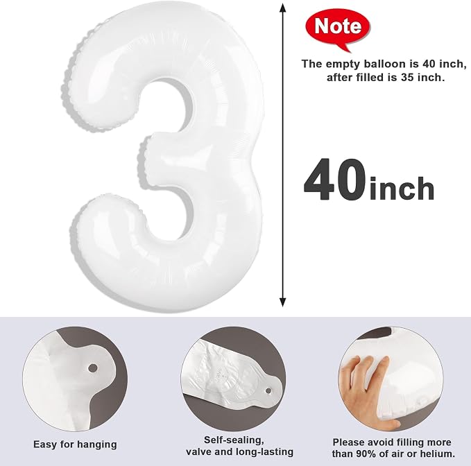 3 Balloon Numbers Birthday Decorations, 40In White Balloons - Image 7