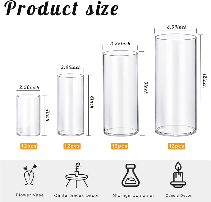 48 Pack Thick Glass Cylinder Vases 4, 12 Inch Tall Clear Flower Vase Hurricane - Image 2