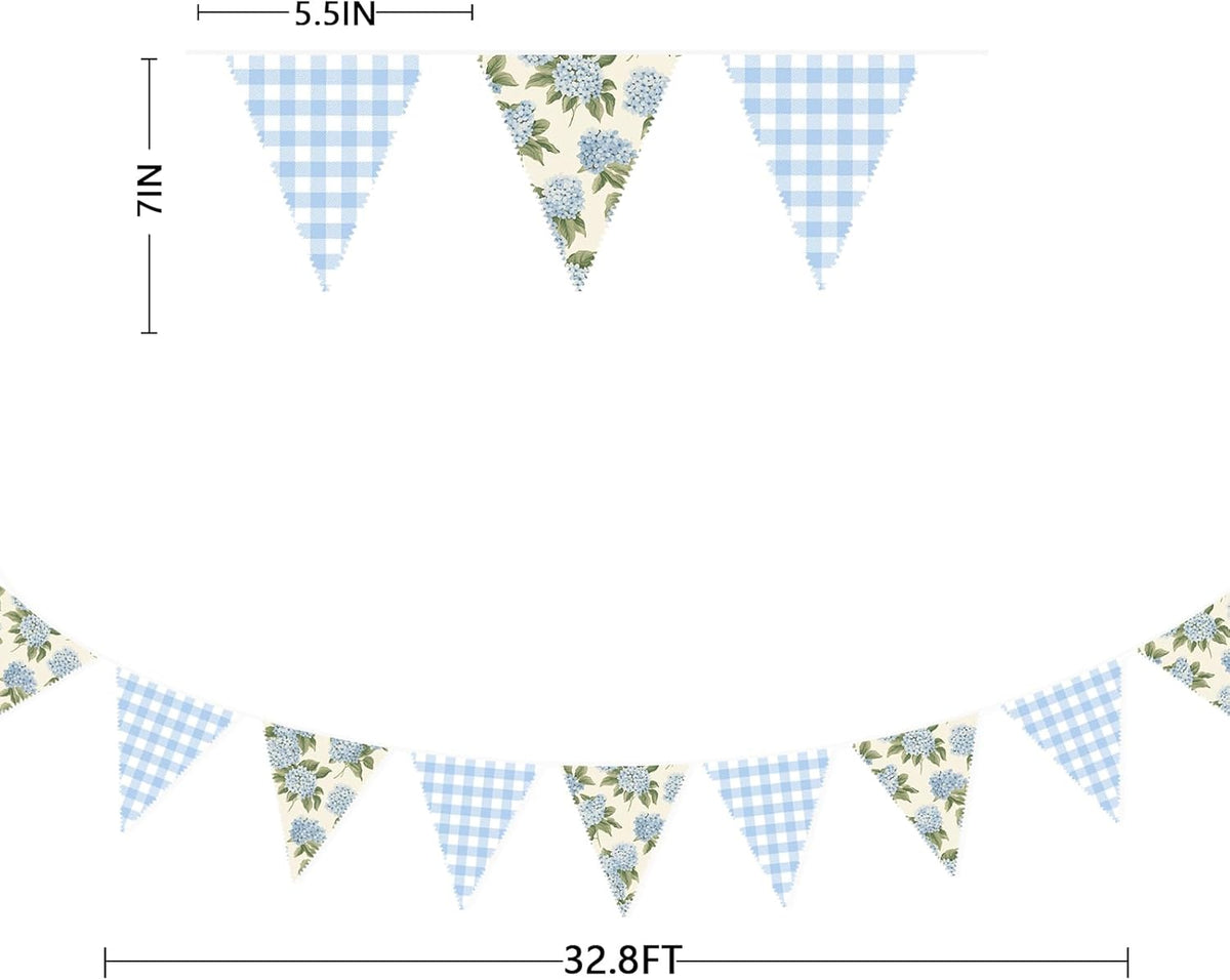 32Ft Blue Flora Party Decorations Blue Gingham HydrangeaTriangle Flag Fabric Banner Pennant Garland Streamer for Flora Birthday Vintage Flower Baby Shower Wedding Tea Party Garden Decor Supplies