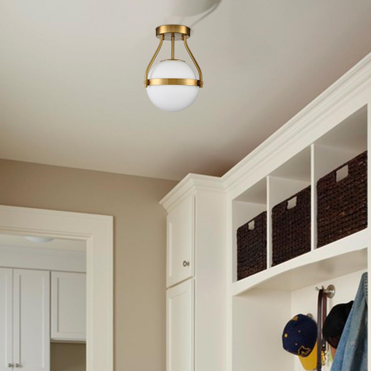 HOLKIRT Modern Semi Flush Mount Light, Mid Century Style 7Inch/18CM Brass Globe Ceiling Light with Opal Glass for Kitchen, Hallway, Bedroom