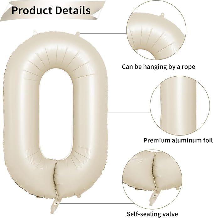 40 Inch Cream Number 0 Balloon, Digital 0 Cream White Giant 0 Foil Balloon - Image 3