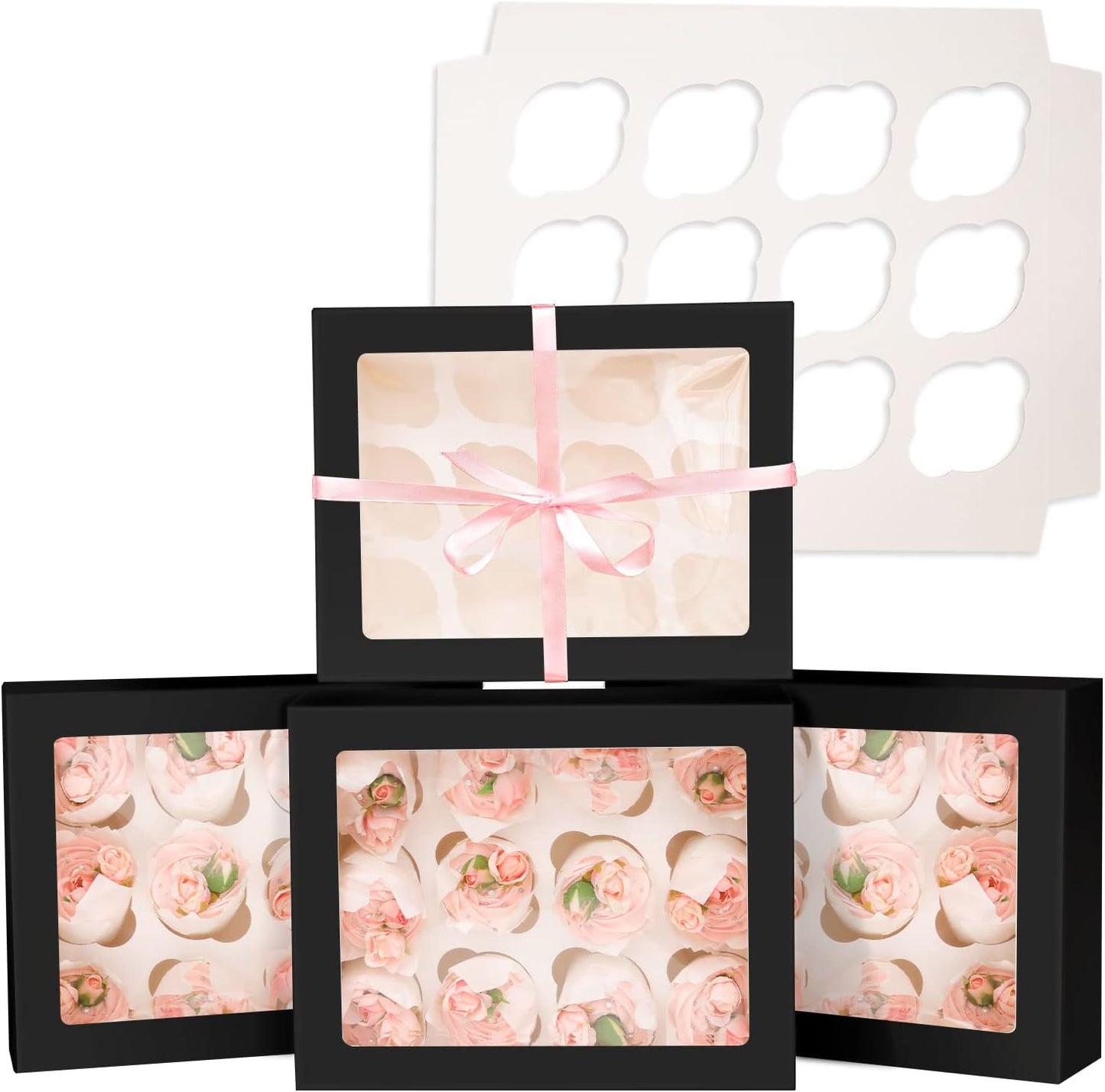 12 Cupcake Containers 10-Packs Black Cupcake Box Cupcakes Carrier, 12 Cupcake Boxes with Window 13"x10"x3.5"（Auto-pop up）