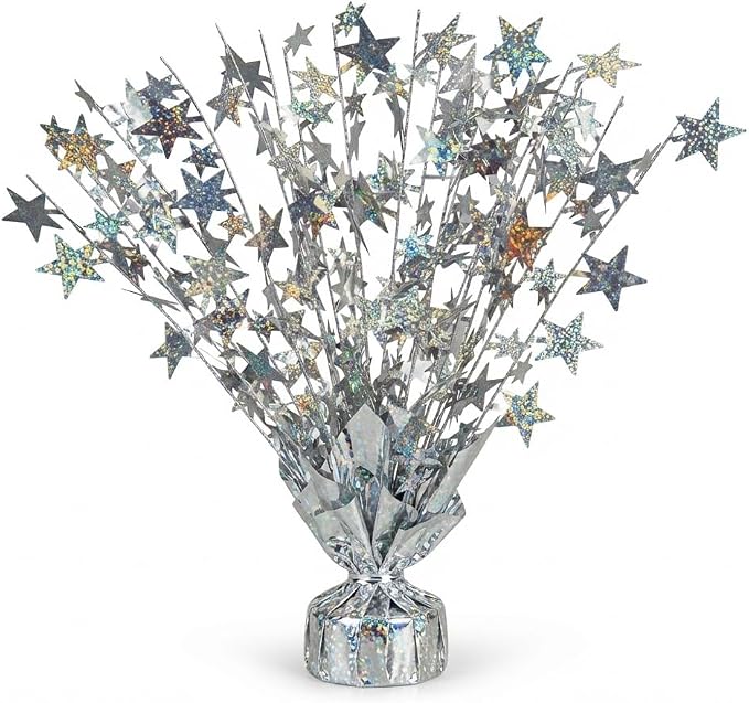 PMU Bursting Star Metallic Foil Spray Centerpiece- Silver Prismatic Balloon by PMU